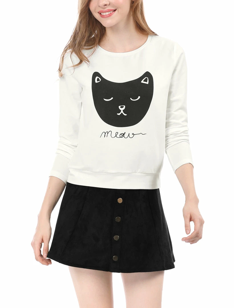 Women Allegra K Cat Prints Crew Neck Long Sleeves Top Shirt 3 Women Allegra K Cat Prints Crew Neck Long Sleeves Top Shirt