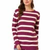 Allegra K Long Sleeves Drop Shoulder Loose Striped Sweater Women