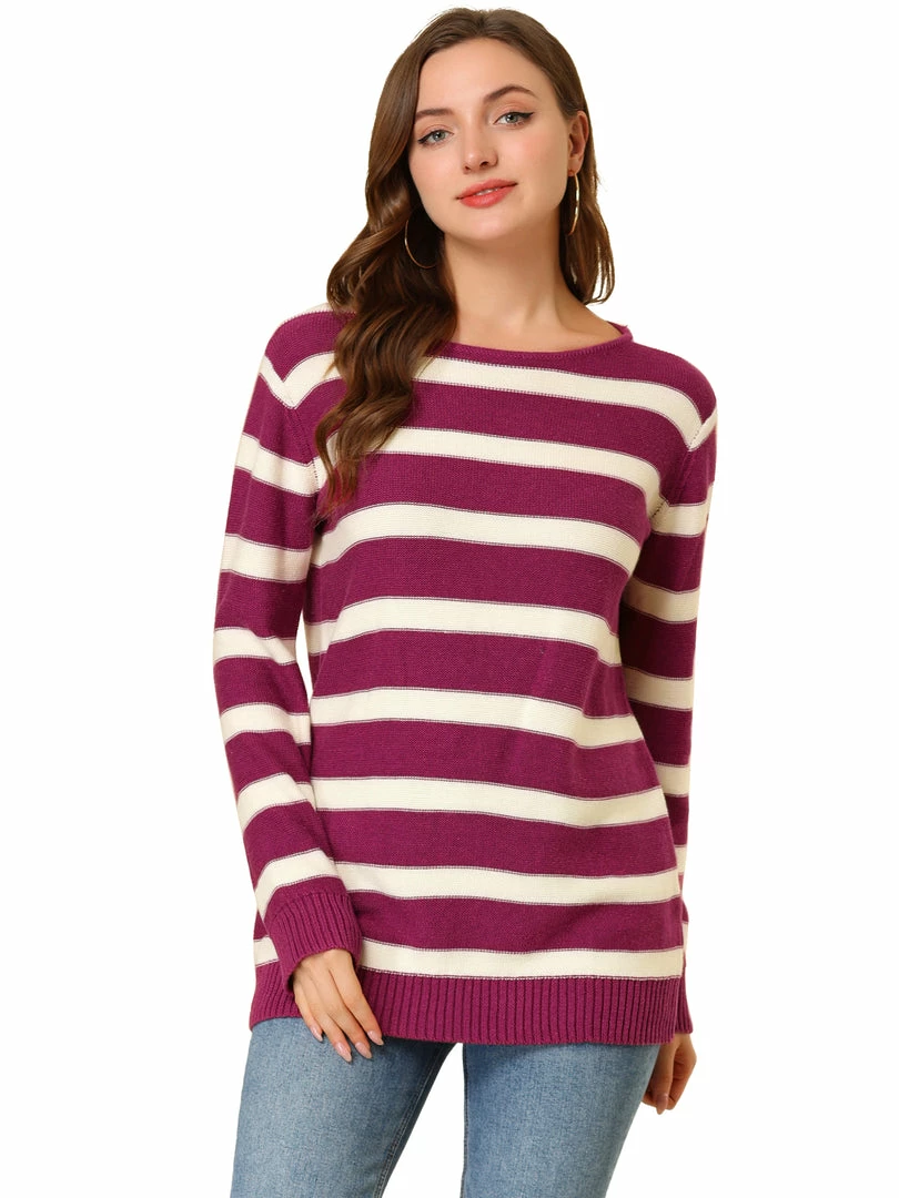 Allegra K Long Sleeves Drop Shoulder Loose Striped Sweater Women 3 Allegra K Long Sleeves Drop Shoulder Loose Striped Sweater Women