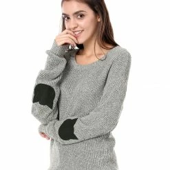 Women Allegra K Drop Shoulder Elbow Cat Patch Loose Sweater