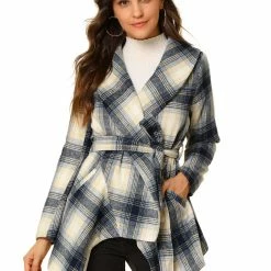 Allegra K Wide Lapel Plaid Fall Wrap Coat Women