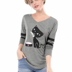 Allegra K V Neck Drop Shoulder Striped Cat Print Tunic Top Women