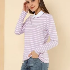 Allegra K Women's Long Sleeve Peter Pan Striped Top Clothing