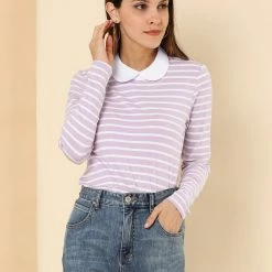 Allegra K Women's Long Sleeve Peter Pan Striped Top Clothing