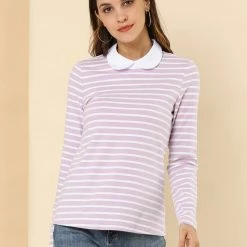 Allegra K Women's Long Sleeve Peter Pan Striped Top Clothing
