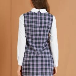 Allegra K Women's Contrast Peter Pan Collar Long Sleeve Check Shift Dress