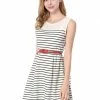 Allegra K Women Contrast Striped Panel Pleated A-line Dress W Belt