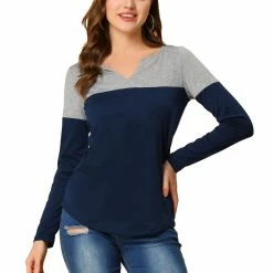 Allegra K Split V-neck Long Sleeves Color Block T-Shirt