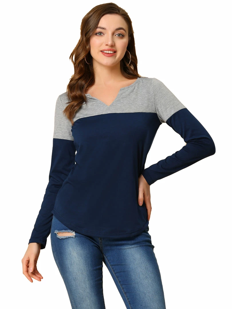 Allegra K Split V-neck Long Sleeves Color Block T-Shirt 3 Allegra K Split V-neck Long Sleeves Color Block T-Shirt
