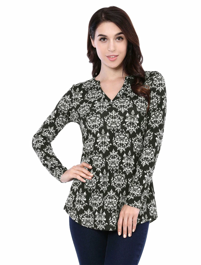 Women Allegra K Printed Split V Neck Long Sleeve Blouse Top 3 Women Allegra K Printed Split V Neck Long Sleeve Blouse Top