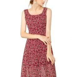 Allegra K Women's Sleeveless Casual Retro Summer Square Neck Print Chiffon Floral Dress