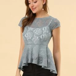 Women Allegra K Cap Sleeves High Low Hem Lace A Line Peplum Top