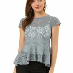 Women Allegra K Cap Sleeves High Low Hem Lace A Line Peplum Top