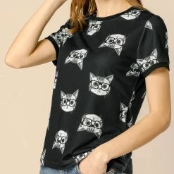 Allegra K Short Sleeve Contrast Trim Cartoon Cat Print T-Shirt Women
