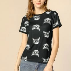 Allegra K Short Sleeve Contrast Trim Cartoon Cat Print T-Shirt Women