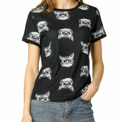 Allegra K Short Sleeve Contrast Trim Cartoon Cat Print T-Shirt Women