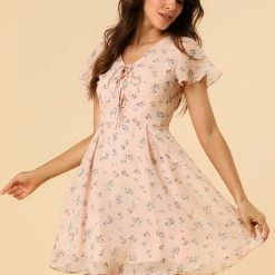 Allegra K Floral Lace-up V-neck Flouncing Sleeve Chiffon Dress Clothing