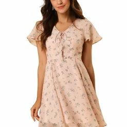 Allegra K Floral Lace-up V-neck Flouncing Sleeve Chiffon Dress Clothing