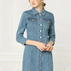 Allegra K 3/4 Sleeve Button Down Denim Shirt Dress Women