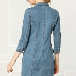 Allegra K 3/4 Sleeve Button Down Denim Shirt Dress Women