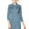 Allegra K 3/4 Sleeve Button Down Denim Shirt Dress Women