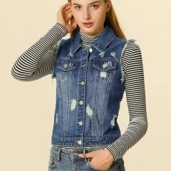 Allegra K Women Turn Down Collar Button Closure Denim Washed Vest