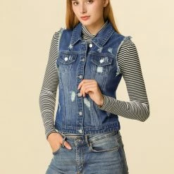 Allegra K Women Turn Down Collar Button Closure Denim Washed Vest