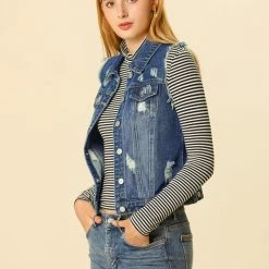 Allegra K Women Turn Down Collar Button Closure Denim Washed Vest