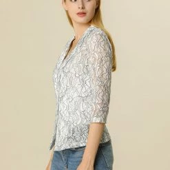 Allegra K Notched Lapel Sheer Lace Blazer With 3/4 Sleeves Women