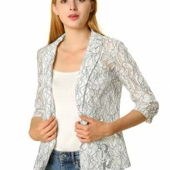 Allegra K Notched Lapel Sheer Lace Blazer With 3/4 Sleeves Women