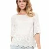 Women Allegra K Elbow Sleeves Round Neck Embroidery Blouse