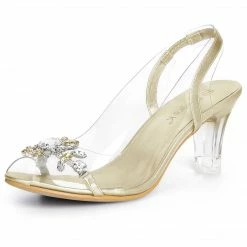Allegra K Shoes Women's Clear Slingback Flower Rhinestone Peep Toe Heels Sandals
