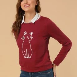 Allegra K Round Neck Cat Printed Sweatshirt