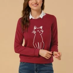 Allegra K Round Neck Cat Printed Sweatshirt