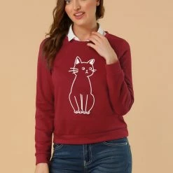Allegra K Round Neck Cat Printed Sweatshirt