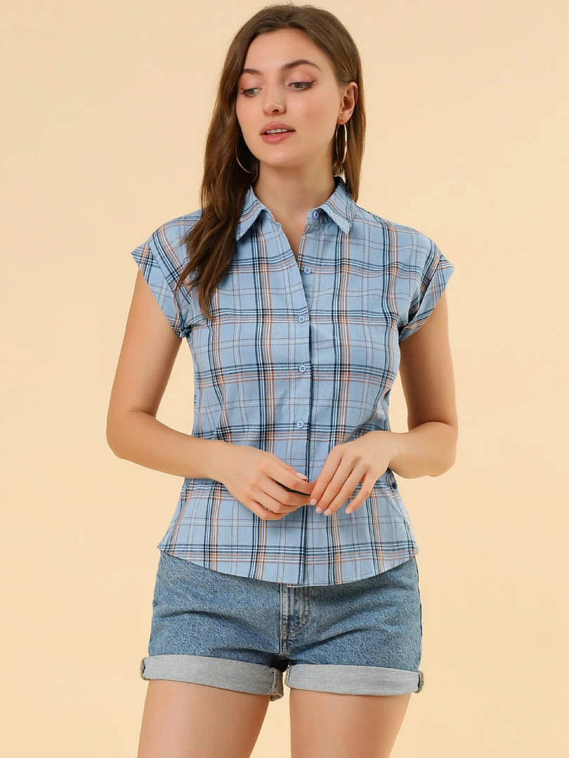 Allegra K Short Sleeve Button Down Blouse Plaid Shirt Women 4 Allegra K Short Sleeve Button Down Blouse Plaid Shirt Women