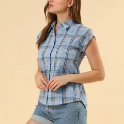 Allegra K Short Sleeve Button Down Blouse Plaid Shirt Women 22 Allegra K Short Sleeve Button Down Blouse Plaid Shirt Women
