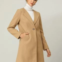Allegra K One Button Collarless Mid-Length Coat