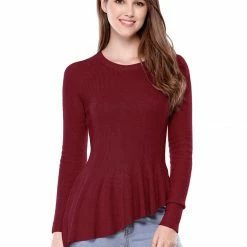 Allegra K Women's Long Sleeve Ribbed Knit Ruffle Hem Peplum Top