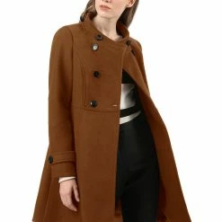Allegra K Women's Double Breasted Stand Collar Coat With Slant Pockets