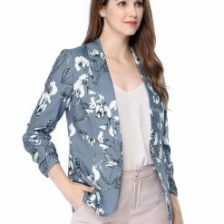 Women Allegra K Notched Lapel Button Front Suit Blazer In Floral Print