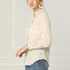 Allegra K Women's Tie Ruffled Neckline Polka Dots Long Sleeves Floral Blouse Tops