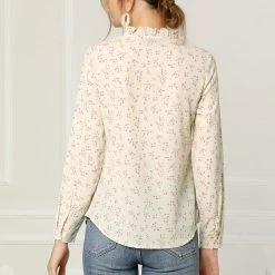 Allegra K Women's Tie Ruffled Neckline Polka Dots Long Sleeves Floral Blouse Tops