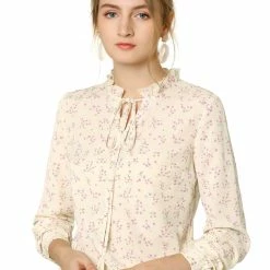 Allegra K Women's Tie Ruffled Neckline Polka Dots Long Sleeves Floral Blouse Tops