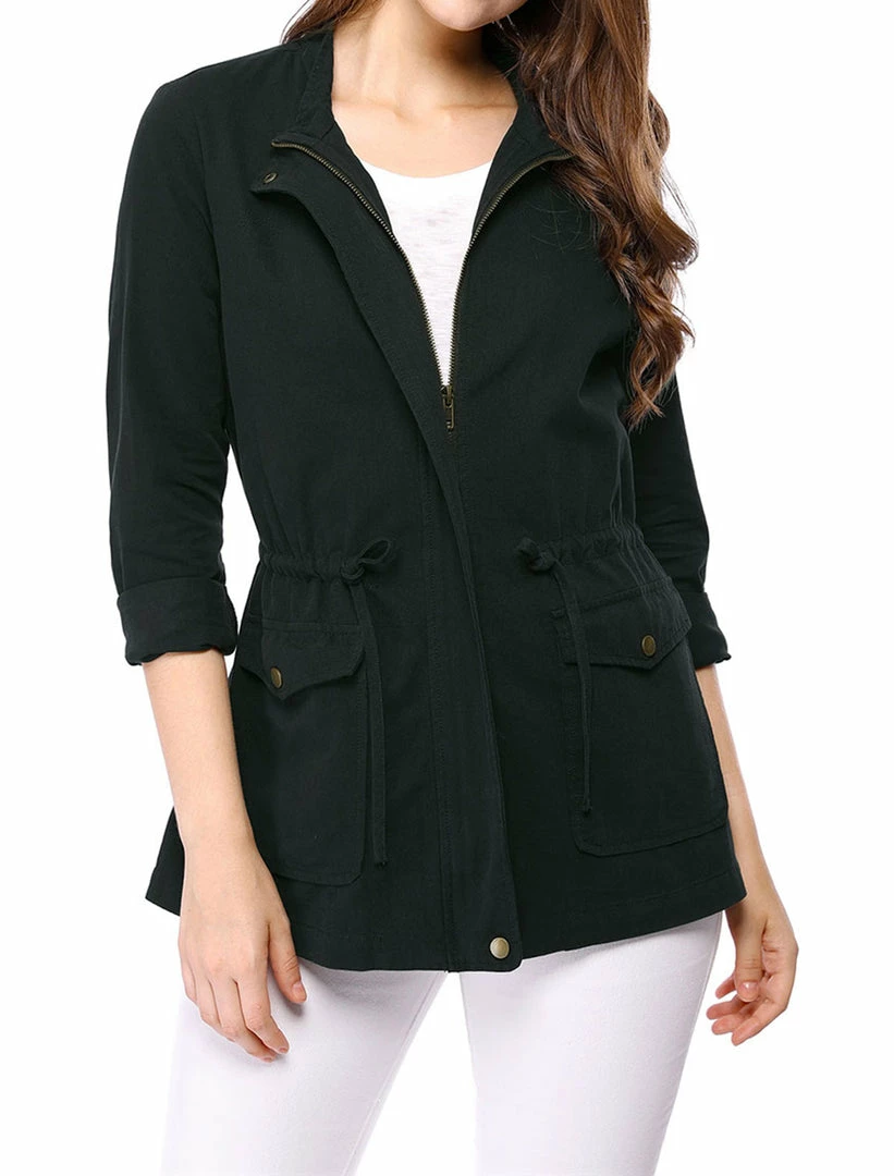 Allegra K Zip Up Drawstring Waist Casual Cotton Coat 3 Allegra K Zip Up Drawstring Waist Casual Cotton Coat