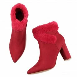 Allegra K Women's Faux Fur Pointed Toe Chunky Heel Ankle Boots