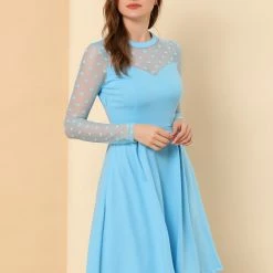 Women Allegra K Mesh Heart Polka Dots Party Dress