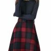 Allegra K Plaids Long Sleeve Round Neck A-Lined Dress With Belt Women