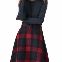 Allegra K Plaids Long Sleeve Round Neck A-Lined Dress With Belt Women