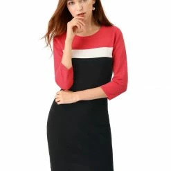 Allegra K Women's Crew Neck Color Block Stretched Bodycon Knitted Sweater Dress